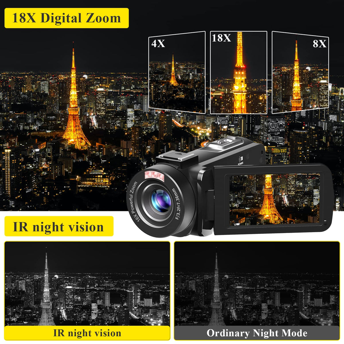 VETEK Video Camera, 1080P 30MP Camcorder IR Night Vision Vlogging Camera
