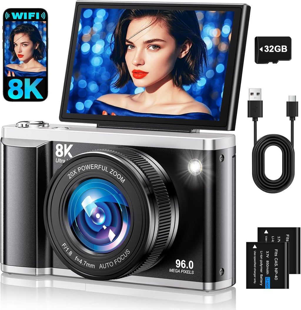 8K Digital Camera for Photography with WiFi 96MP Autofocus Vlogging Camera for YouTube Video 3.5'' 180Â°Flip Screen 20X Zoom Anti-Shake Compact Point and Shoot Cameras for Beginner Creator with SD Card