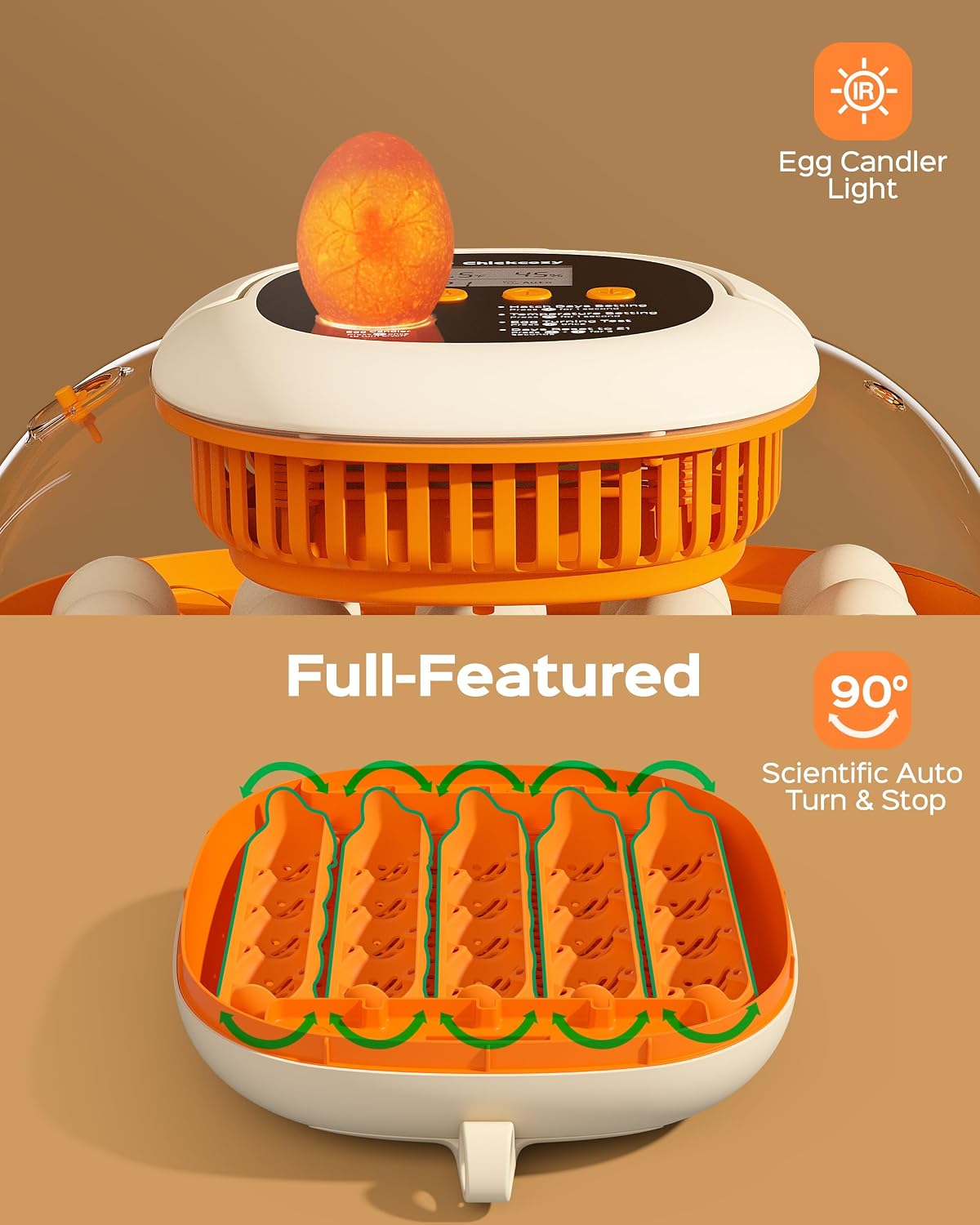 Chickcozy 25 Egg Incubator, Automatic Egg Turner with Thermometer Seat and Humidity Control, Egg Candler, 360Â° View with Clear Window, Incubators for Hatching Chicks (Sunlit Orange)