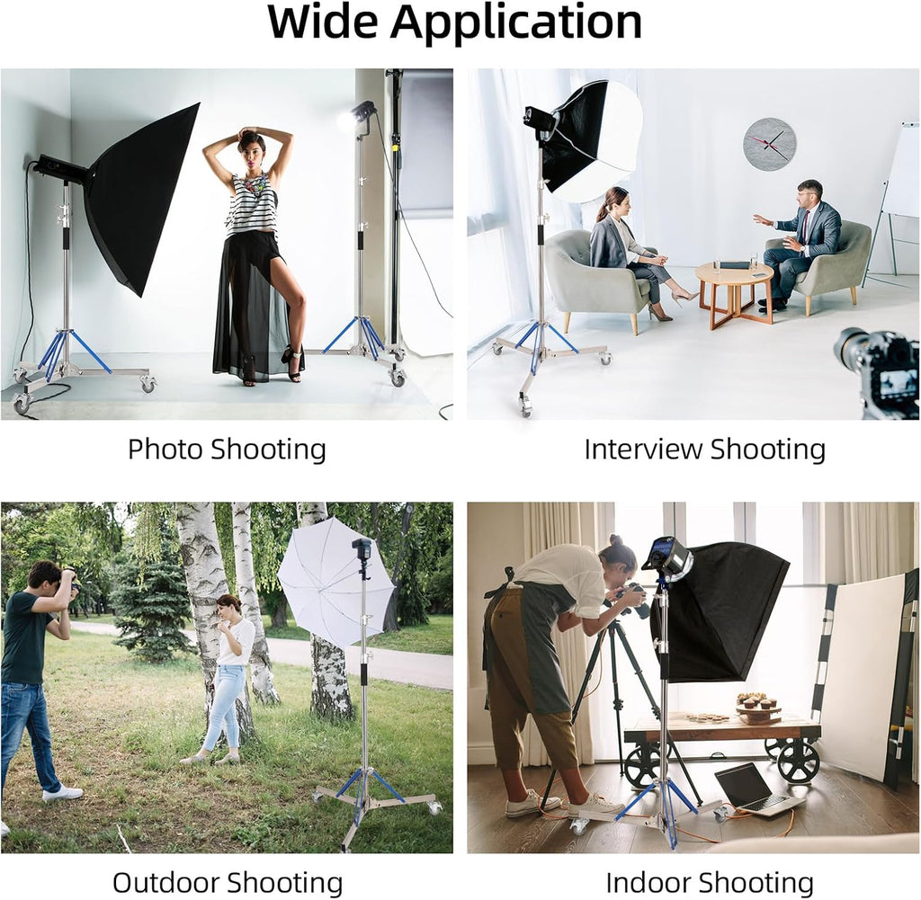 Heavy Duty Light Stand with Caster - 10.5ft/320cm Adjustable Light Stand with Stainless Steel, High Stability and Mobility Light Stand Photography for Strobe Light, Softbox, Reflector