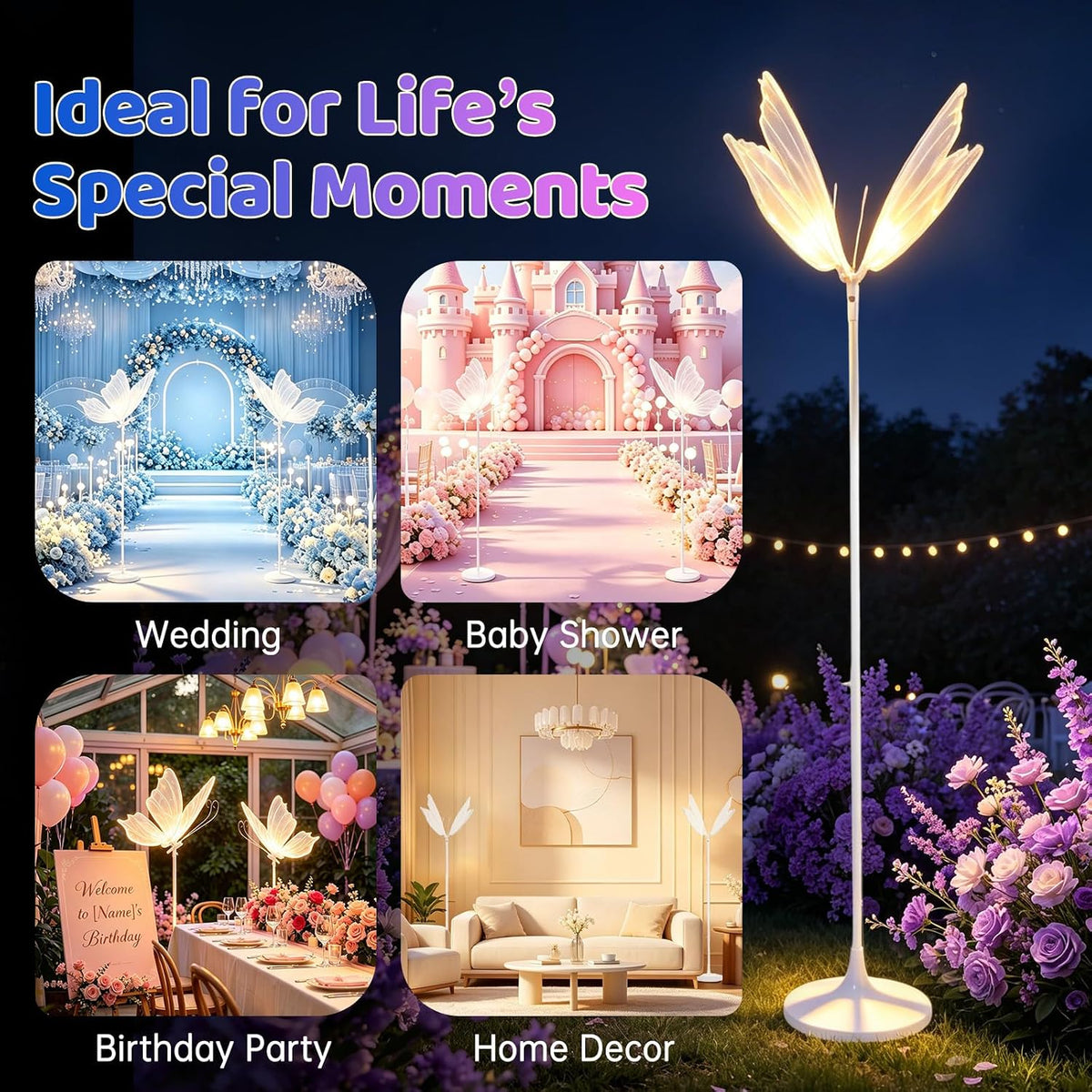 2Pcs Wedding Butterfly Led Floor Lamp 30-35W Adjustable Height 57.5-70.1In