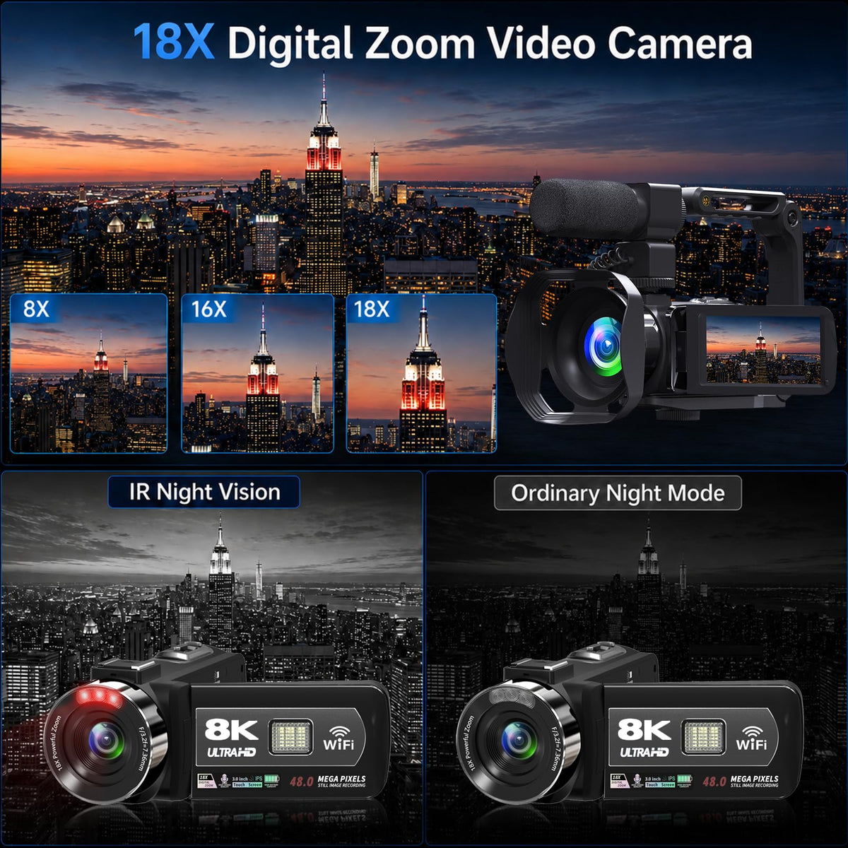 VETEK Video Camera, 1080P 30MP Camcorder IR Night Vision Vlogging Camera