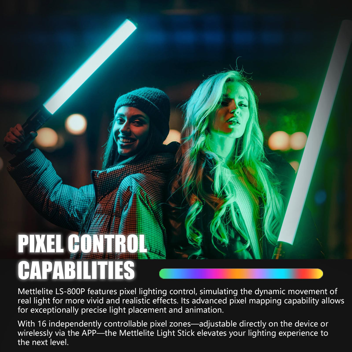 Mettlelite LS800C RGB LED Light Stick Full Color Continuous Output Video Light 3.2 ft with APP Control 2800K-8000K CRI96 TLCI 97 RGB CCT HSI Light Effects Built in Rechargeable Battery
