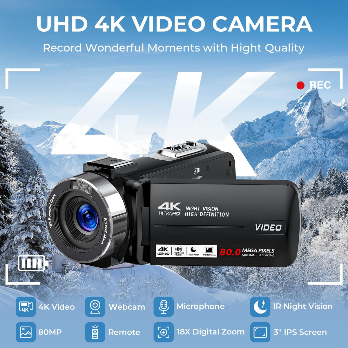 4K HD 80MP Camcorder Video Camera Vlogging Camera for YouTube
