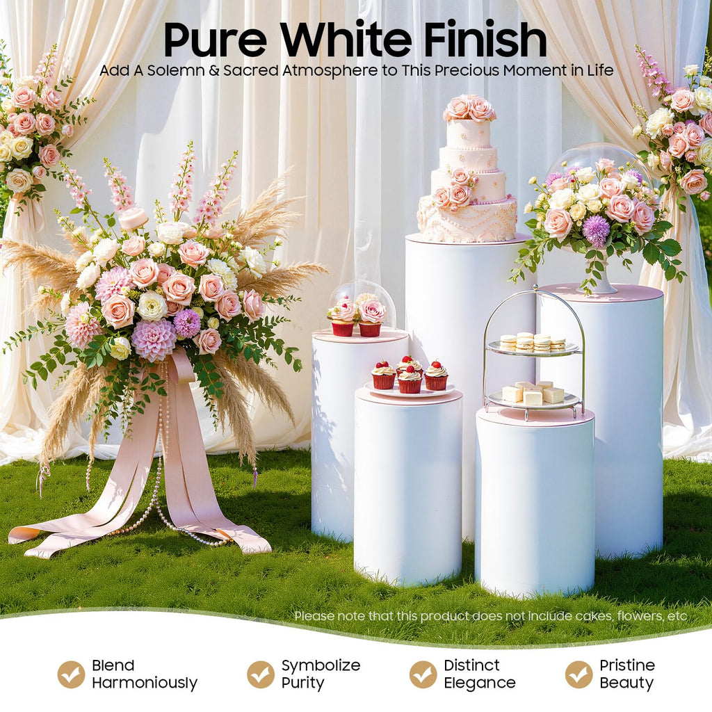 3Pcs Cylinder Pedestal Stand, PVC Acrylic Round Cylinder Stands for Party Decor 23.6 + 29.5 + 35.4 Inch Tall Cylinder Stand Pedestal Display for Birthday Wedding Party, White