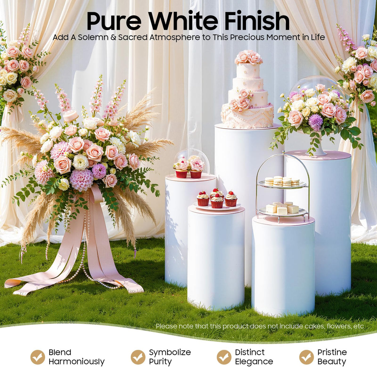 3Pcs Cylinder Pedestal Stand, PVC Acrylic Round Cylinder Stands for Party Decor 23.6 + 29.5 + 35.4 Inch Tall Cylinder Stand Pedestal Display for Birthday Wedding Party, White