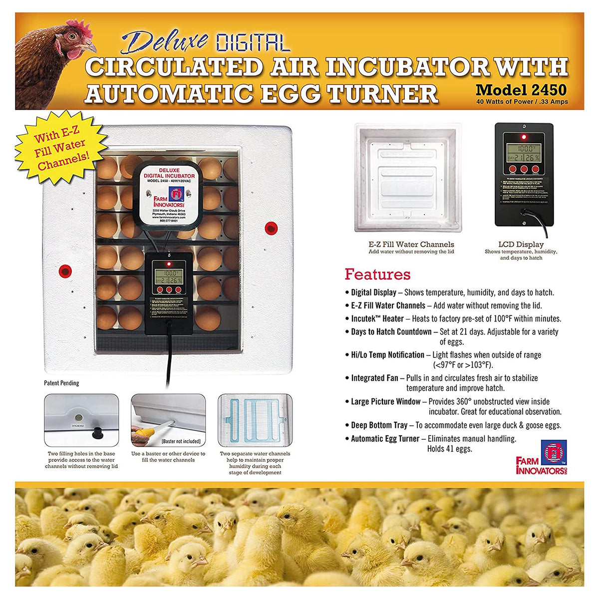 Farm Innovators 2450 Digital Circulated Air Incubator with Egg Turner