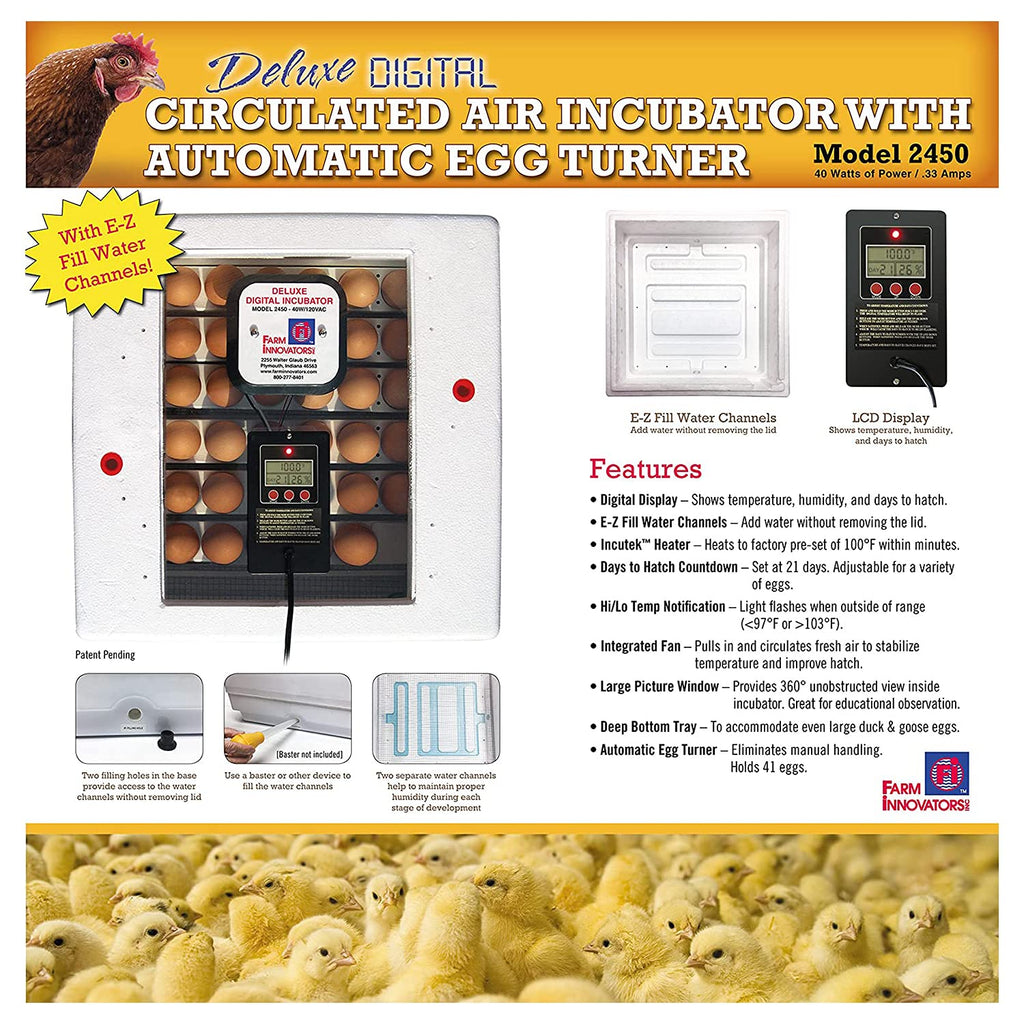 Farm Innovators 2450 Digital Circulated Air Incubator with Egg Turner