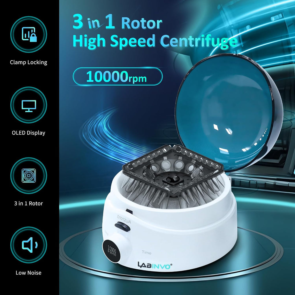 Mini Centrifuge Machine, 10000RPM, OLED Display High Speed Lab Benchtop Centrifuges, 3-in1 Rotor for 0.5/1.5/2mL Tubes, and 4ÃPCR8 Strips, 0.2mLÃ44 PCR Tubes, IN-CEN001