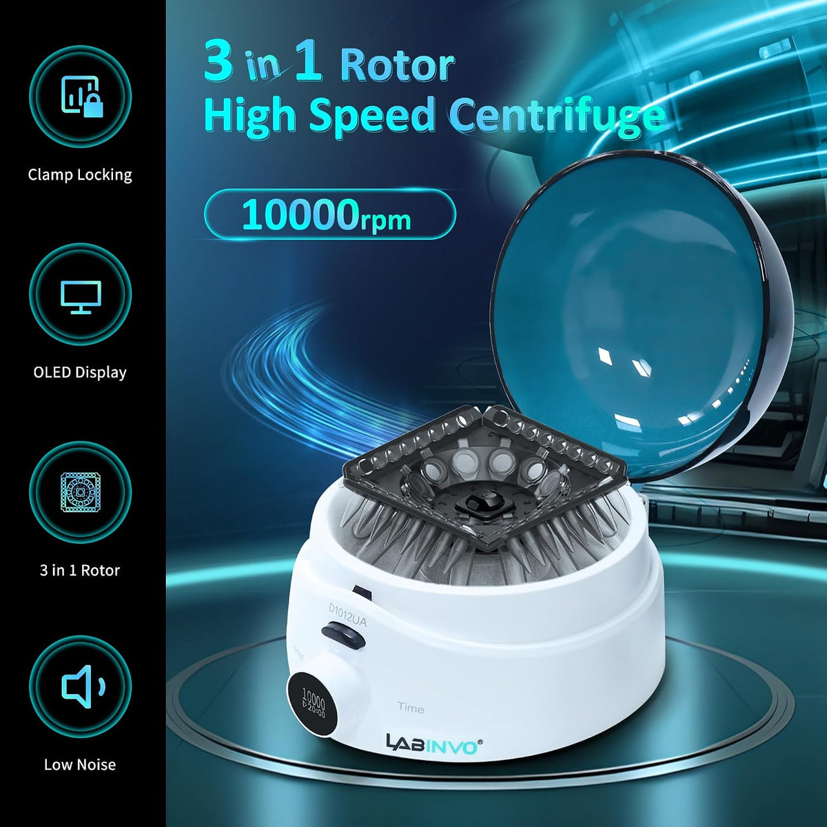 Mini Centrifuge Machine, 10000RPM, OLED Display High Speed Lab Benchtop Centrifuges, 3-in1 Rotor for 0.5/1.5/2mL Tubes, and 4ÃPCR8 Strips, 0.2mLÃ44 PCR Tubes, IN-CEN001