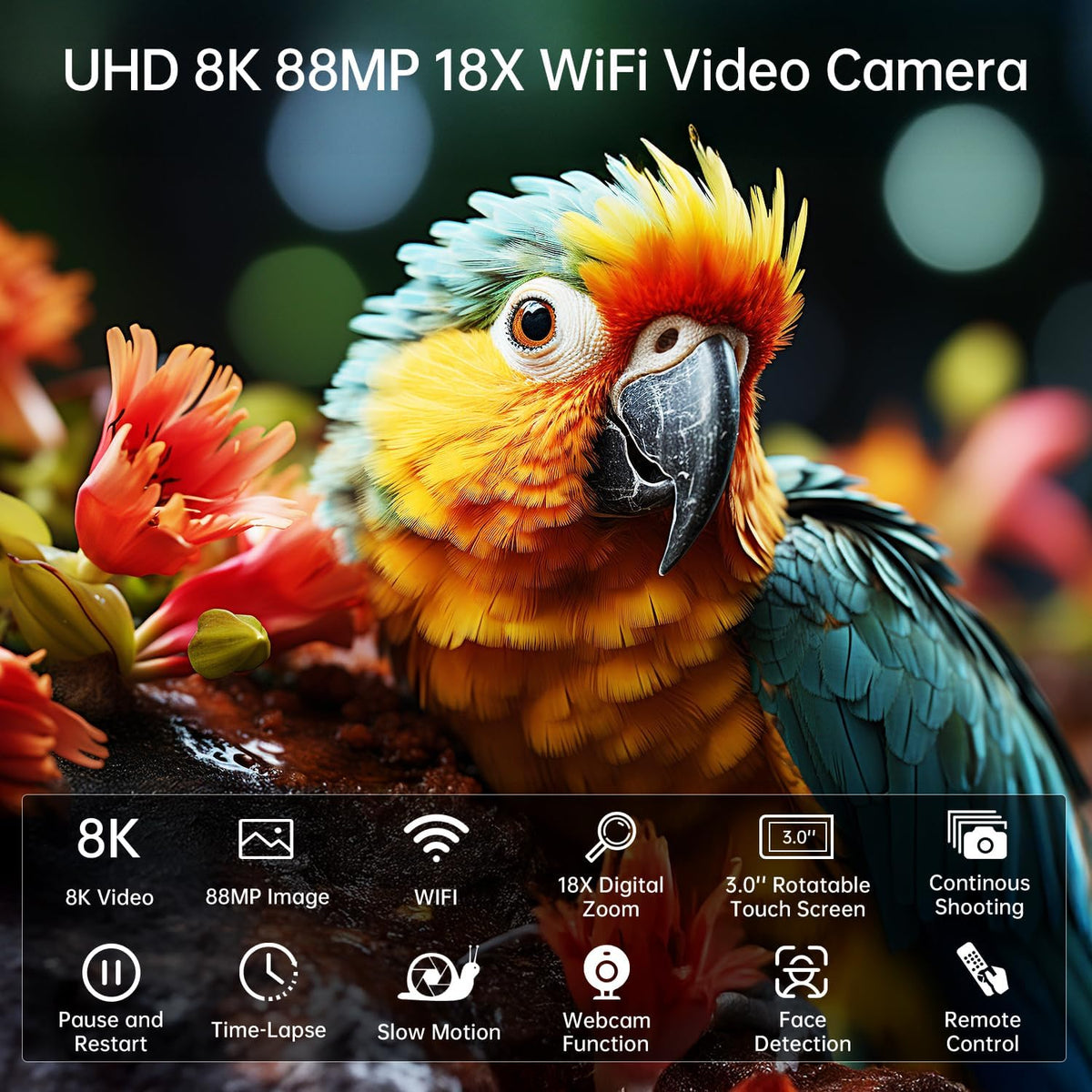 8K Video Camera Camcorder 88MP UHD WiFi Vlogging Cameras for YouTube 18X Digital Zoom IR Night Vision 3.0''Touch Screen Camera with 32GB Card, Microphone, Stabilizer, Lens Hood, Remote, Batteries
