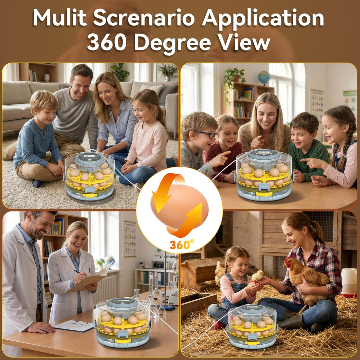 IBKINXX Incubator for Hatching Eggs-48 Egg Capacity, 2026 Newly Upraded Auto Egg Turner & Auto Precision Humidity Control System, 360Â° Clear Viewing for Chicken, Duck and Quail Eggs (Yellow)