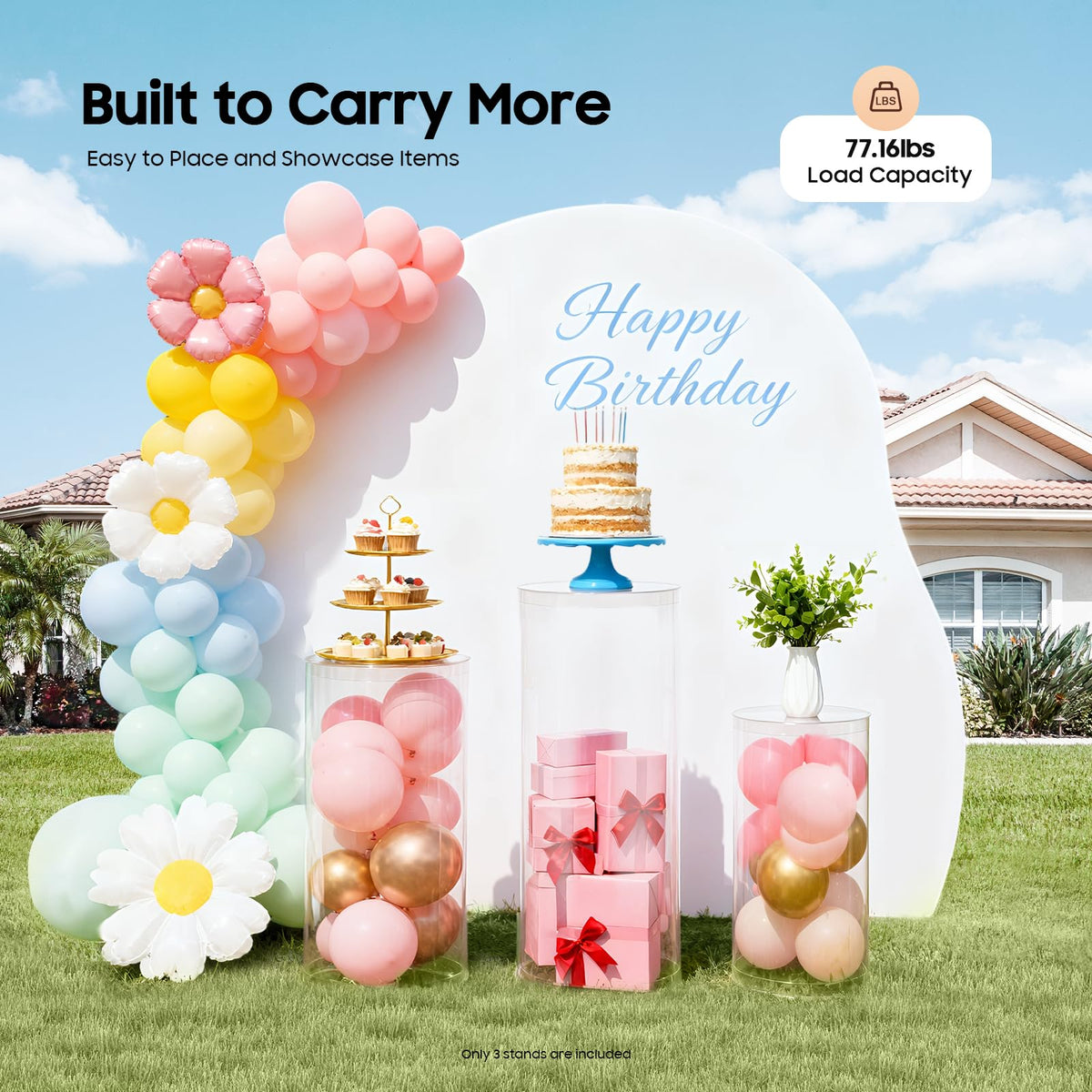 3Pcs Cylinder Pedestal Stand, PVC Acrylic Round Cylinder Stands for Party Decor 23.6 + 29.5 + 35.4 Inch Tall Cylinder Stand Pedestal Display for Birthday Wedding Party, White