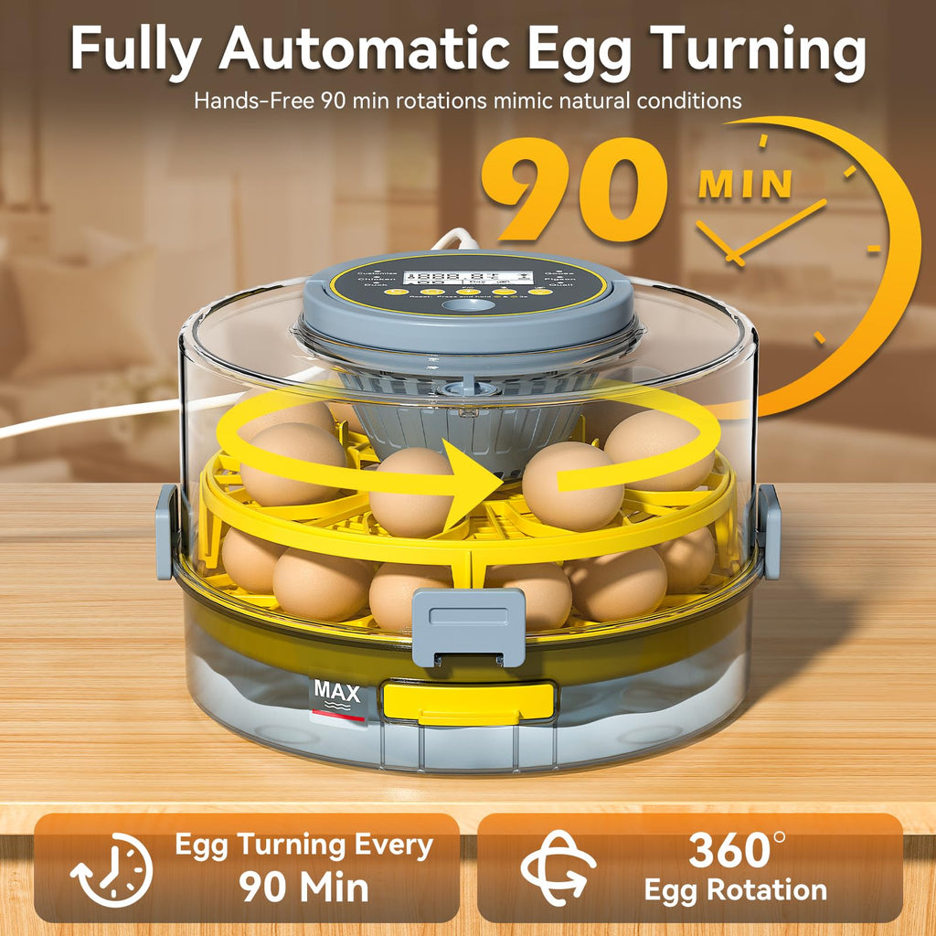 IBKINXX Incubator for Hatching Eggs-48 Egg Capacity, 2026 Newly Upraded Auto Egg Turner & Auto Precision Humidity Control System, 360Â° Clear Viewing for Chicken, Duck and Quail Eggs (Yellow)