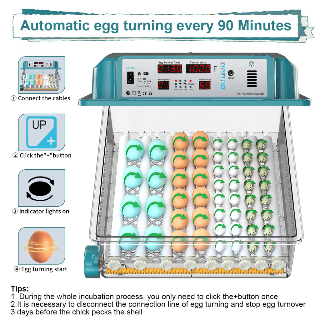 64 Egg Incubators for Hatching Eggs,Incubator with Automatic Egg Turning and Humidity,Chicken Incubator with 5 Automatic Incubate Mode,Poultry Egg Incubator with Incubate Day Counter and Egg Candler