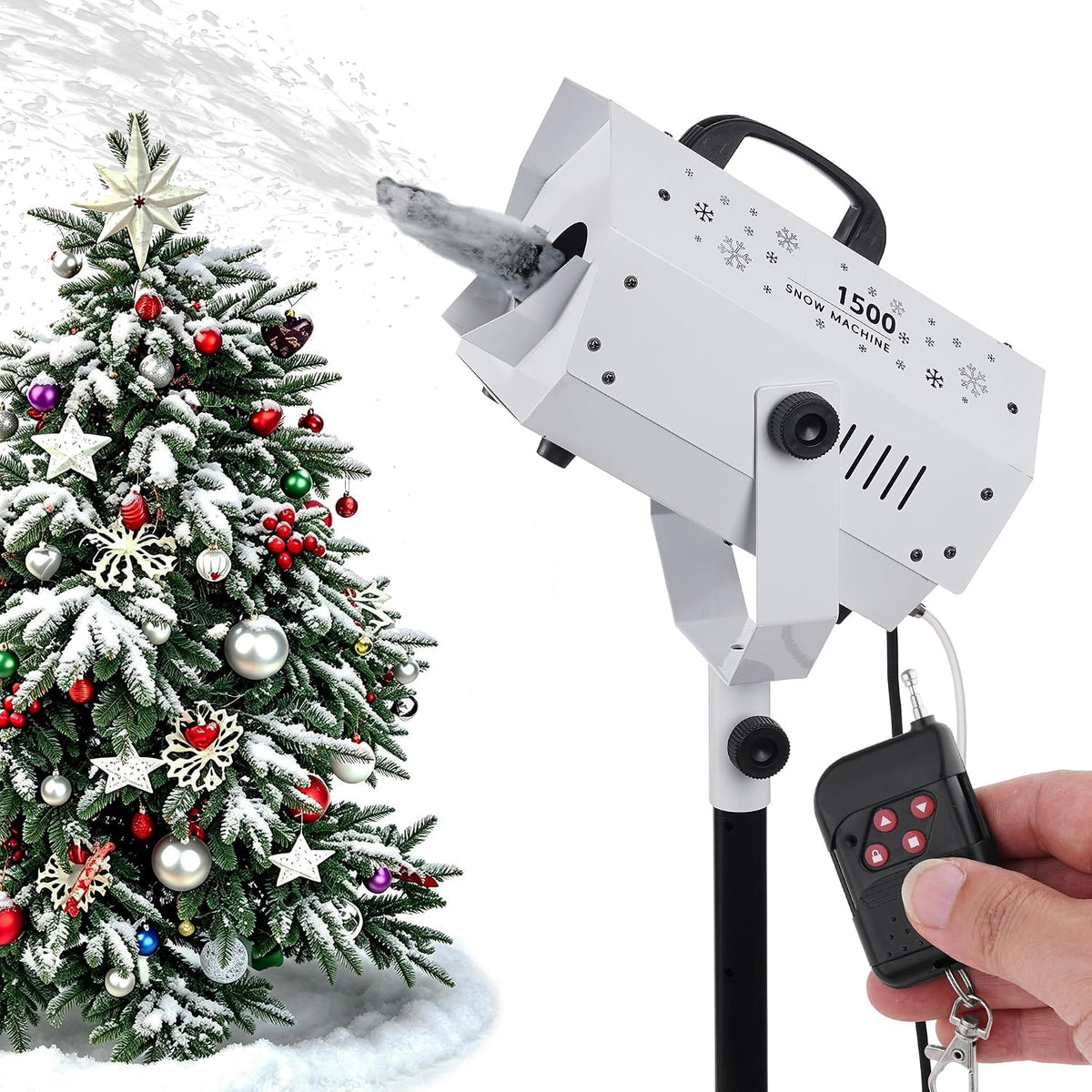 Snow Machine, 1500W Artificial Snow Making with Wireless Remote, Adjustable Snowflake Size & 59â69" Stand, Snow Generator Fake Snow Maker for Christmas, Parties, Weddings & Holiday Events