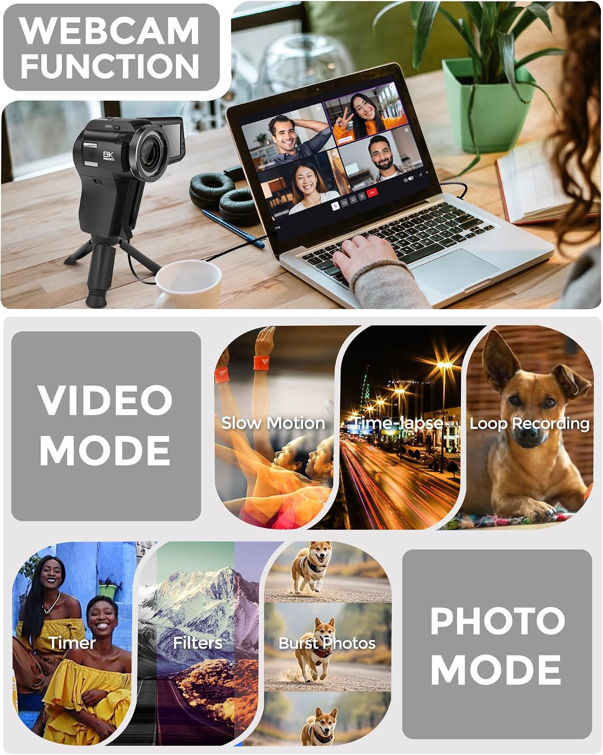 8K Video Camera, Dual Lens Camcorder with WiFi Vlogging Camera for Youtube