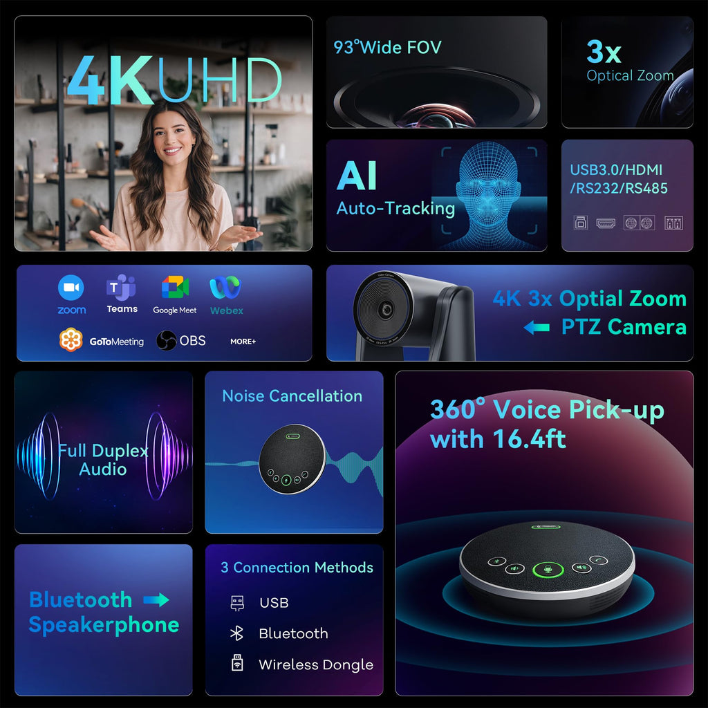 TONGVEO 3X Optical Zoom PTZ Camera AI Auto-Tracking HDMI USB 3.0 1080P 60fps Wide-Angle for Video Conference Business Meeting Live Streaming Online Learn with Zoom YouTube Teams OBS and More