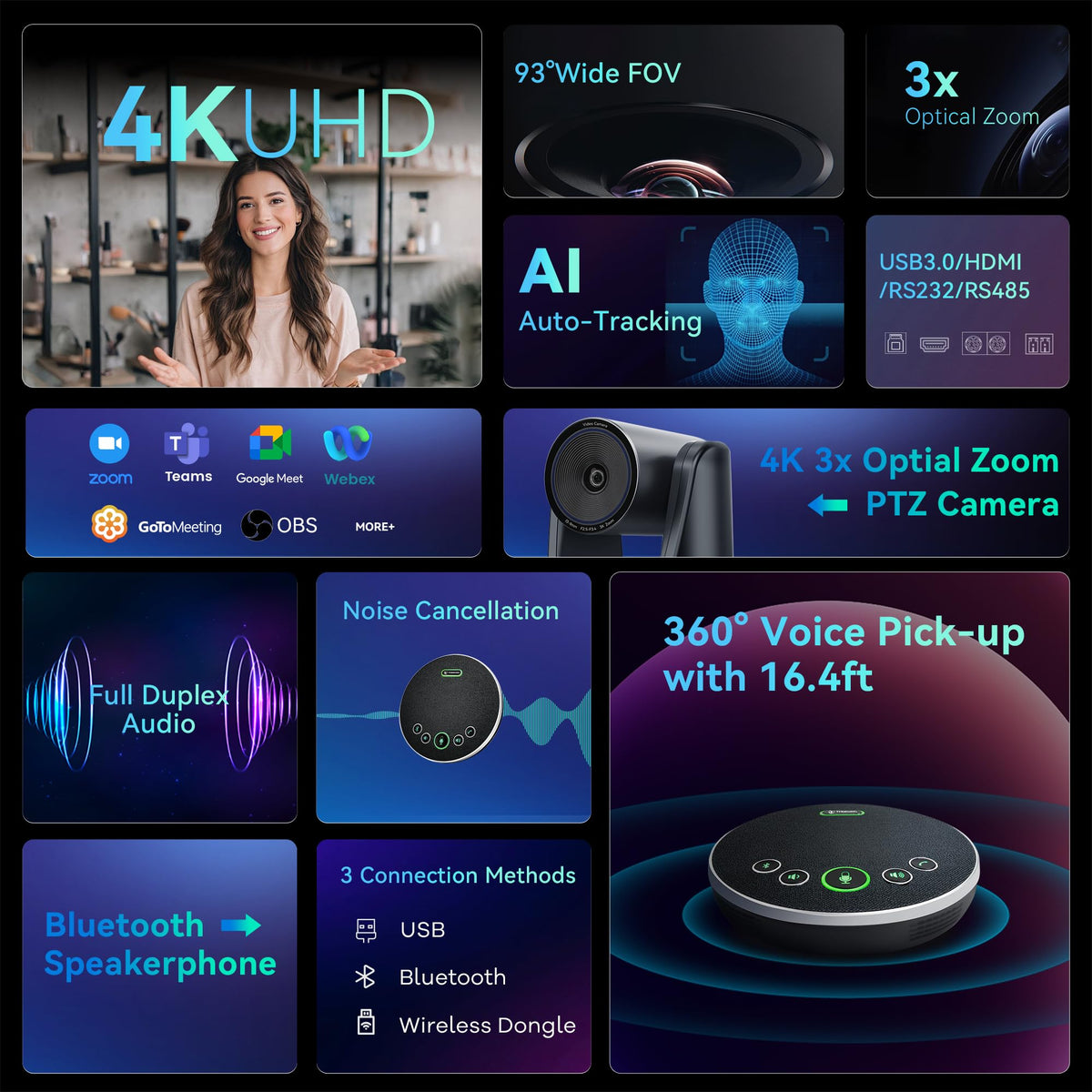 TONGVEO 3X Optical Zoom PTZ Camera AI Auto-Tracking HDMI USB 3.0 1080P 60fps Wide-Angle for Video Conference Business Meeting Live Streaming Online Learn with Zoom YouTube Teams OBS and More