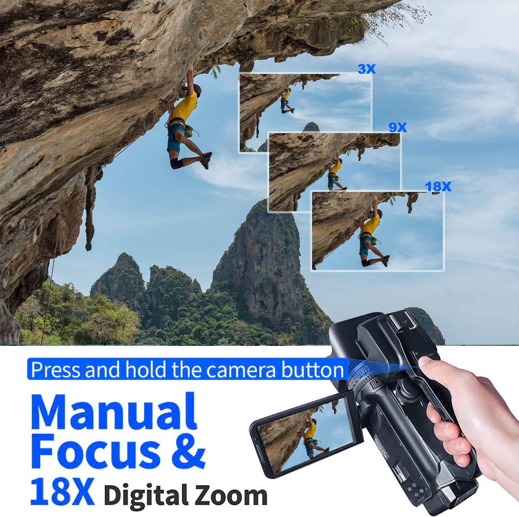 Acuvar 4K/6K Video Camera Camcorder â 64MP Vlogging Camera for YouTube, 60FPS, 18X Zoom â with Mic, LED Light, Tripod & 2Ã64GB Cards â WiFi, Webcam Bundle