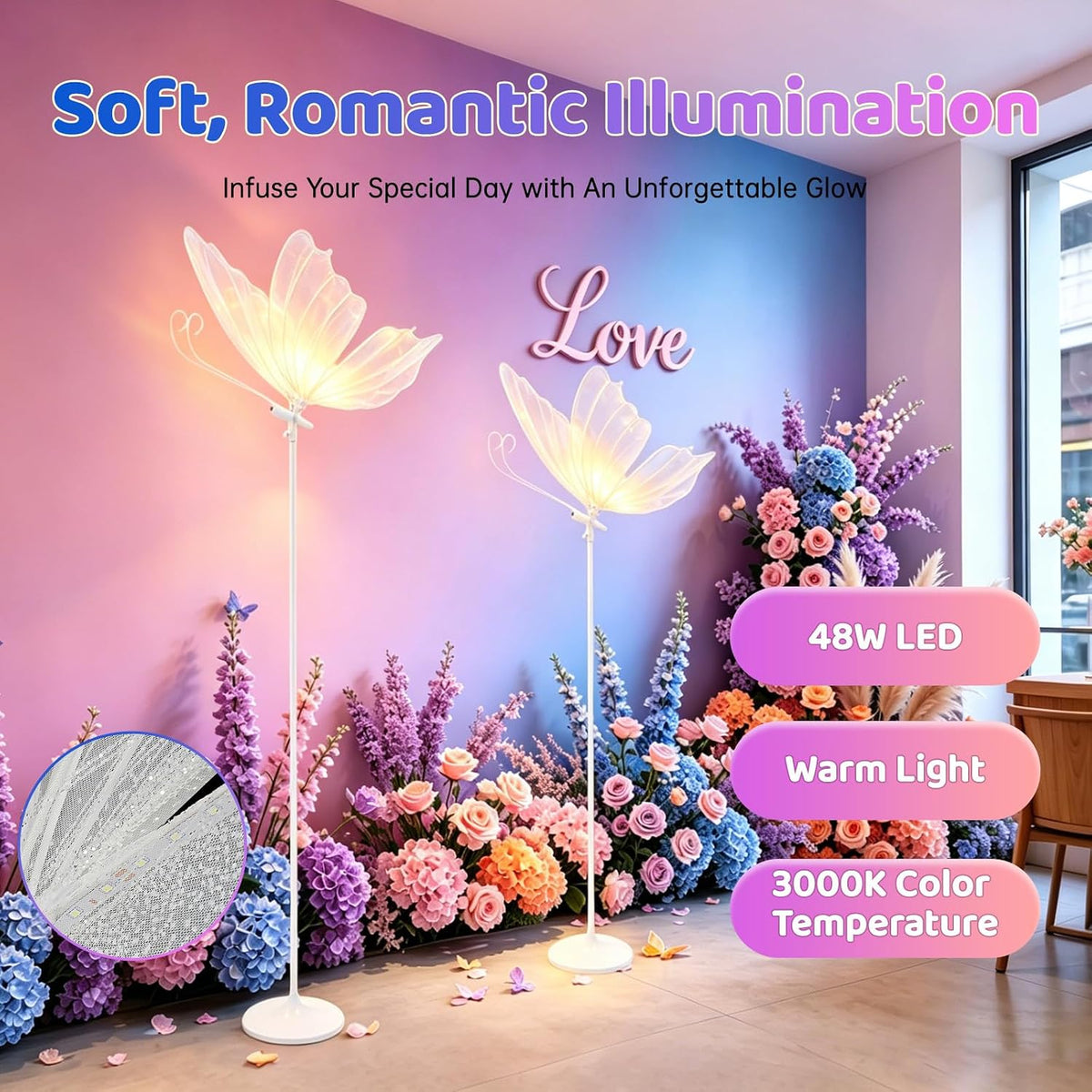 2Pcs Wedding Butterfly Led Floor Lamp 30-35W Adjustable Height 57.5-70.1In