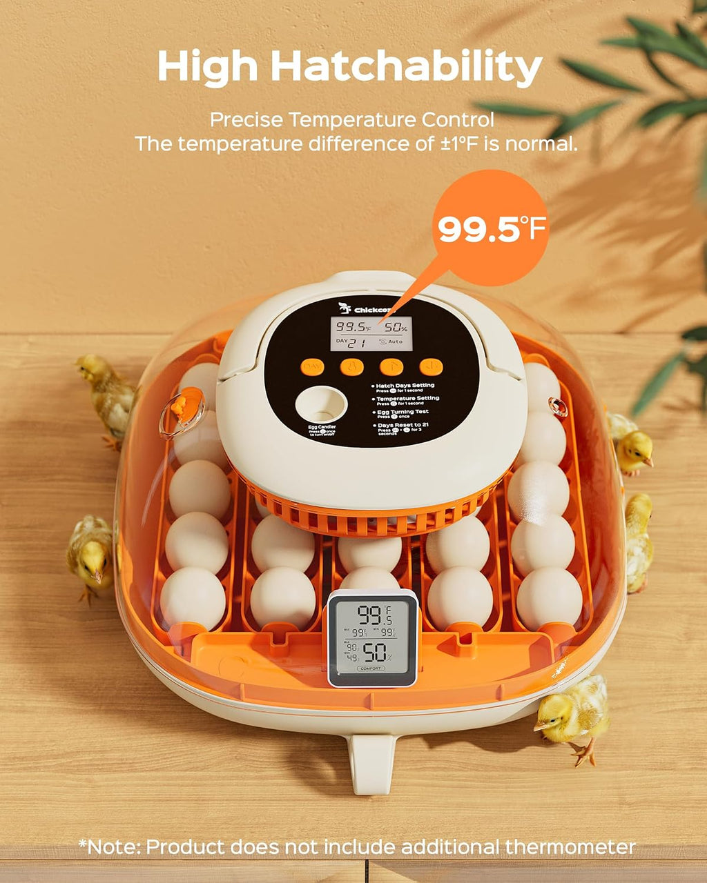 Chickcozy 25 Egg Incubator, Automatic Egg Turner with Thermometer Seat and Humidity Control, Egg Candler, 360Â° View with Clear Window, Incubators for Hatching Chicks (Sunlit Orange)