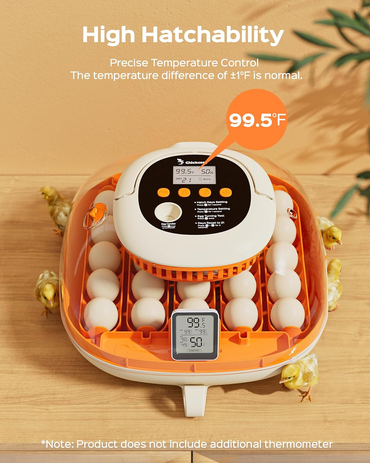 Chickcozy 25 Egg Incubator, Automatic Egg Turner with Thermometer Seat and Humidity Control, Egg Candler, 360Â° View with Clear Window, Incubators for Hatching Chicks (Sunlit Orange)