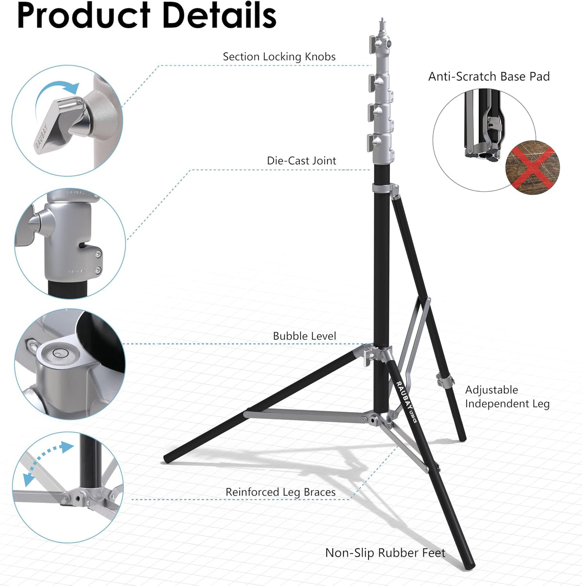 RAUBAY 10ft Corner Light Stand, Air Cushion, Silver, LT30-CS