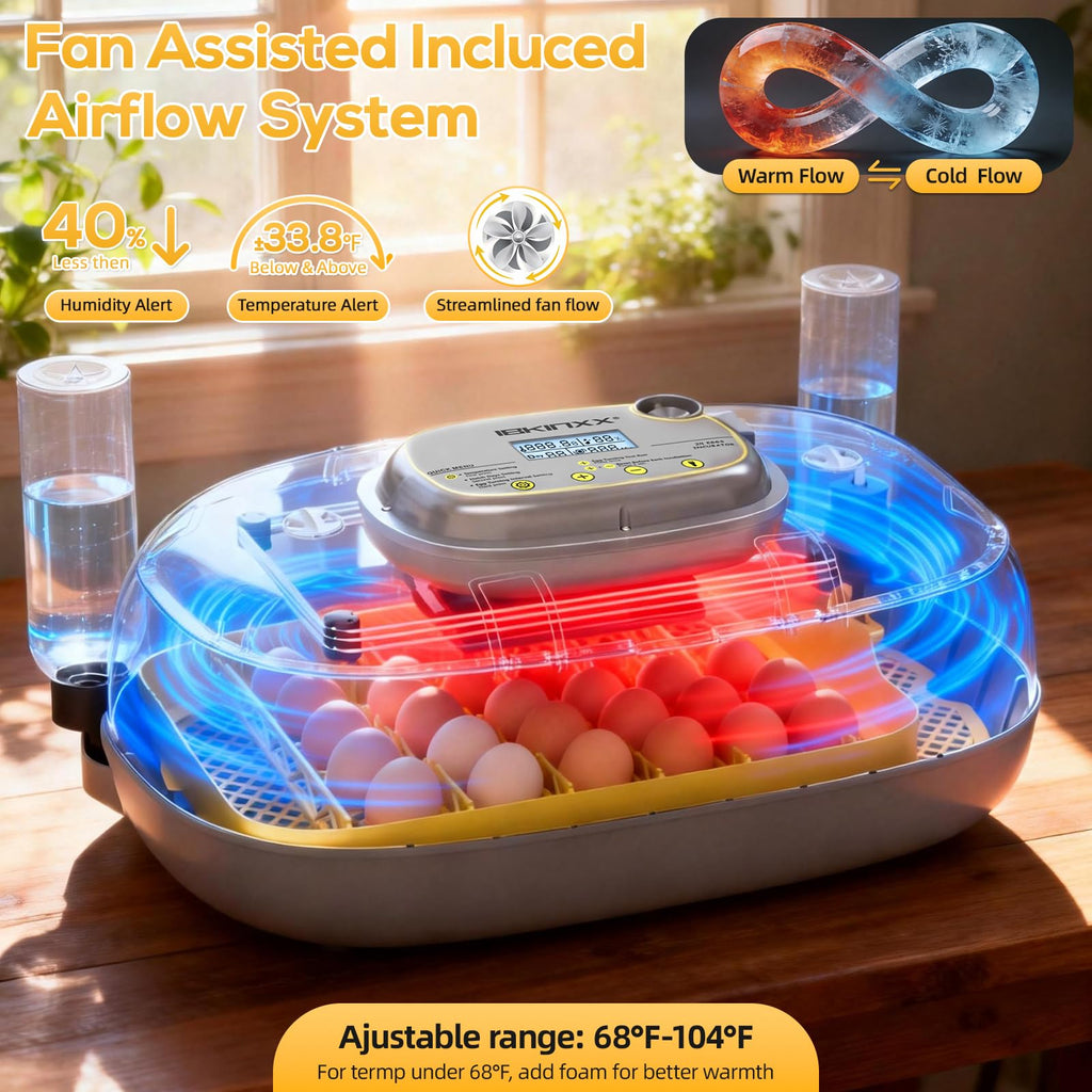 IBKINXX Incubator for Hatching Eggs-48 Egg Capacity, 2026 Newly Upraded Auto Egg Turner & Auto Precision Humidity Control System, 360Â° Clear Viewing for Chicken, Duck and Quail Eggs (Yellow)