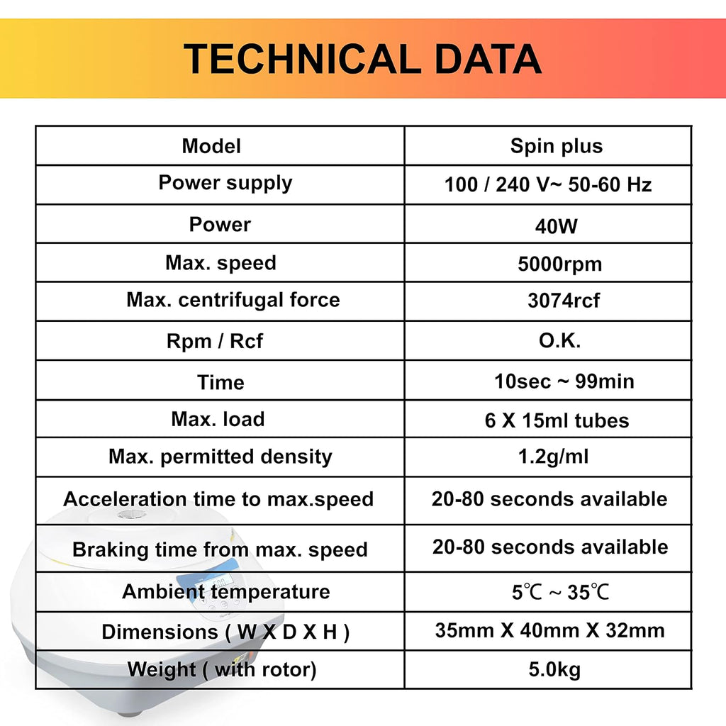 VS-TC-SPINPLUS-6 Bench-top Centrifuge | 400-5000rpm (Max. 3074xg) | LCD Display | Capacity: 6 x 15ml