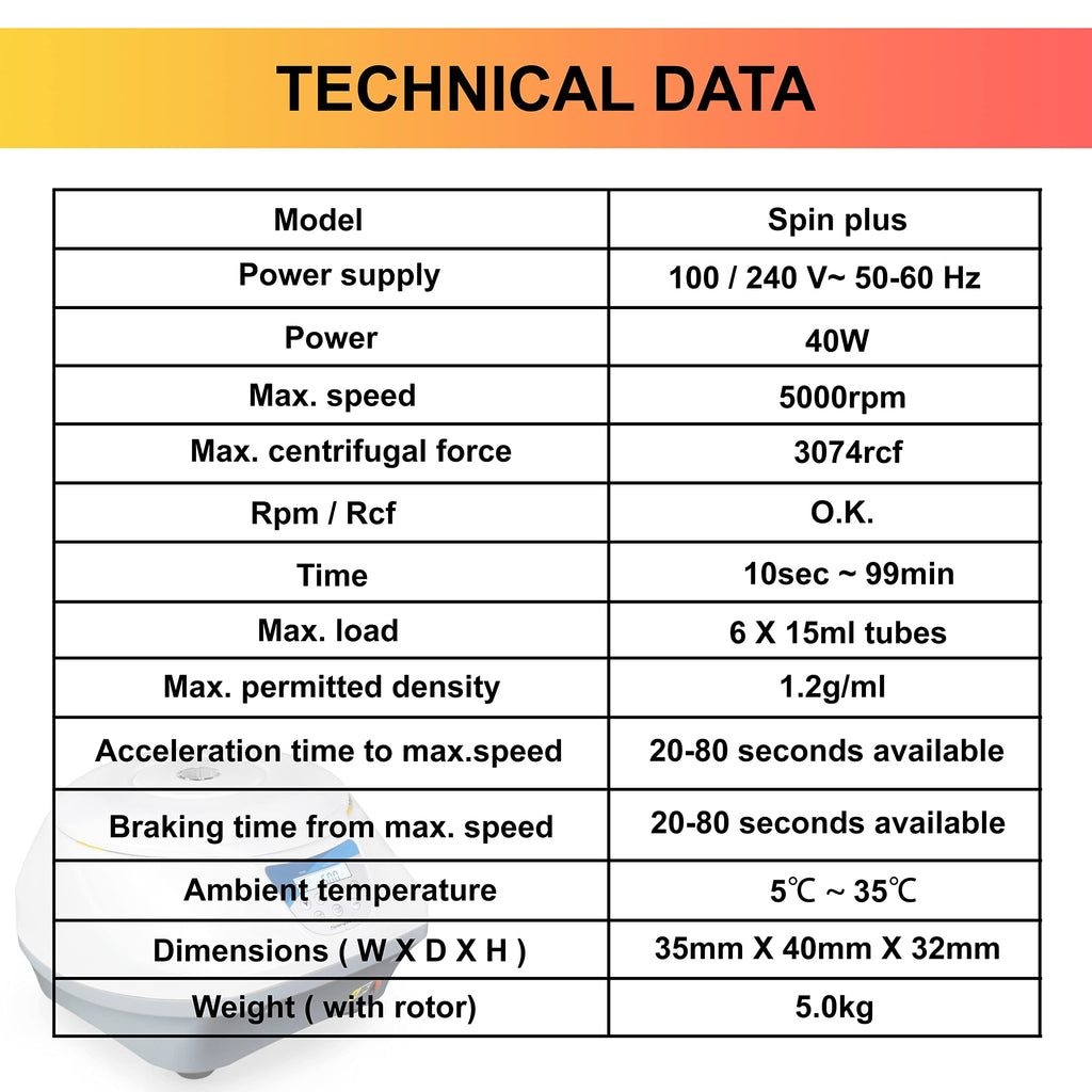 VS-TC-SPINPLUS-6 Bench-top Centrifuge | 400-5000rpm (Max. 3074xg) | LCD Display | Capacity: 6 x 15ml
