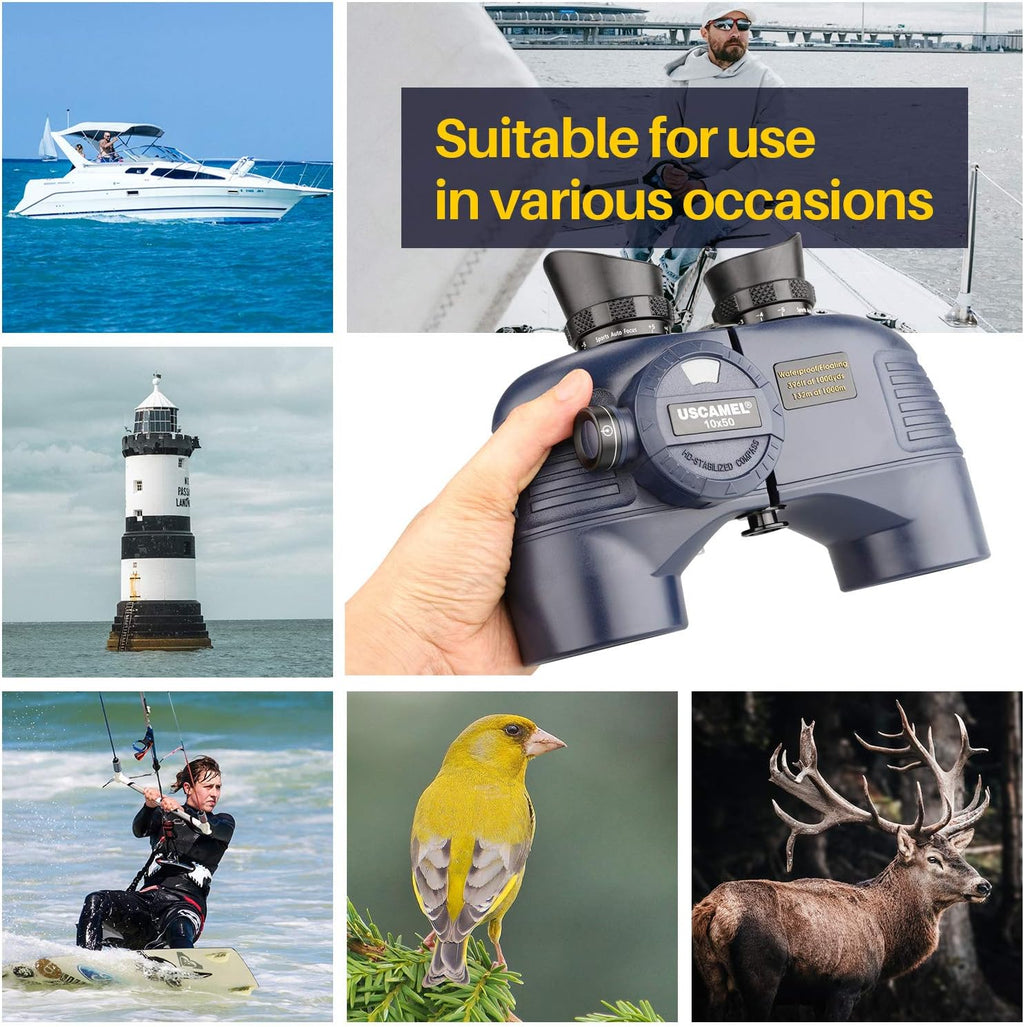 Marine Binoculars 10x50 Waterproof with Compass Rangefinder BAK4 for Adults