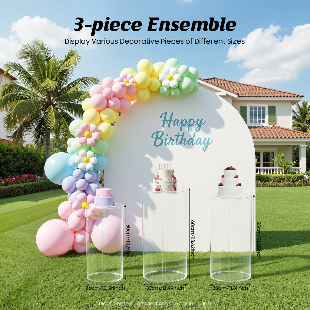 3Pcs Cylinder Pedestal Stand, PVC Acrylic Round Cylinder Stands for Party Decor 23.6 + 29.5 + 35.4 Inch Tall Cylinder Stand Pedestal Display for Birthday Wedding Party, White