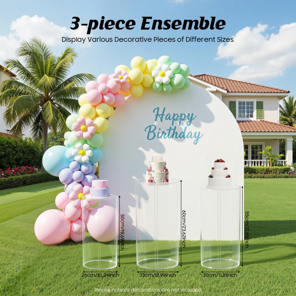 3Pcs Cylinder Pedestal Stand, PVC Acrylic Round Cylinder Stands for Party Decor 23.6 + 29.5 + 35.4 Inch Tall Cylinder Stand Pedestal Display for Birthday Wedding Party, White