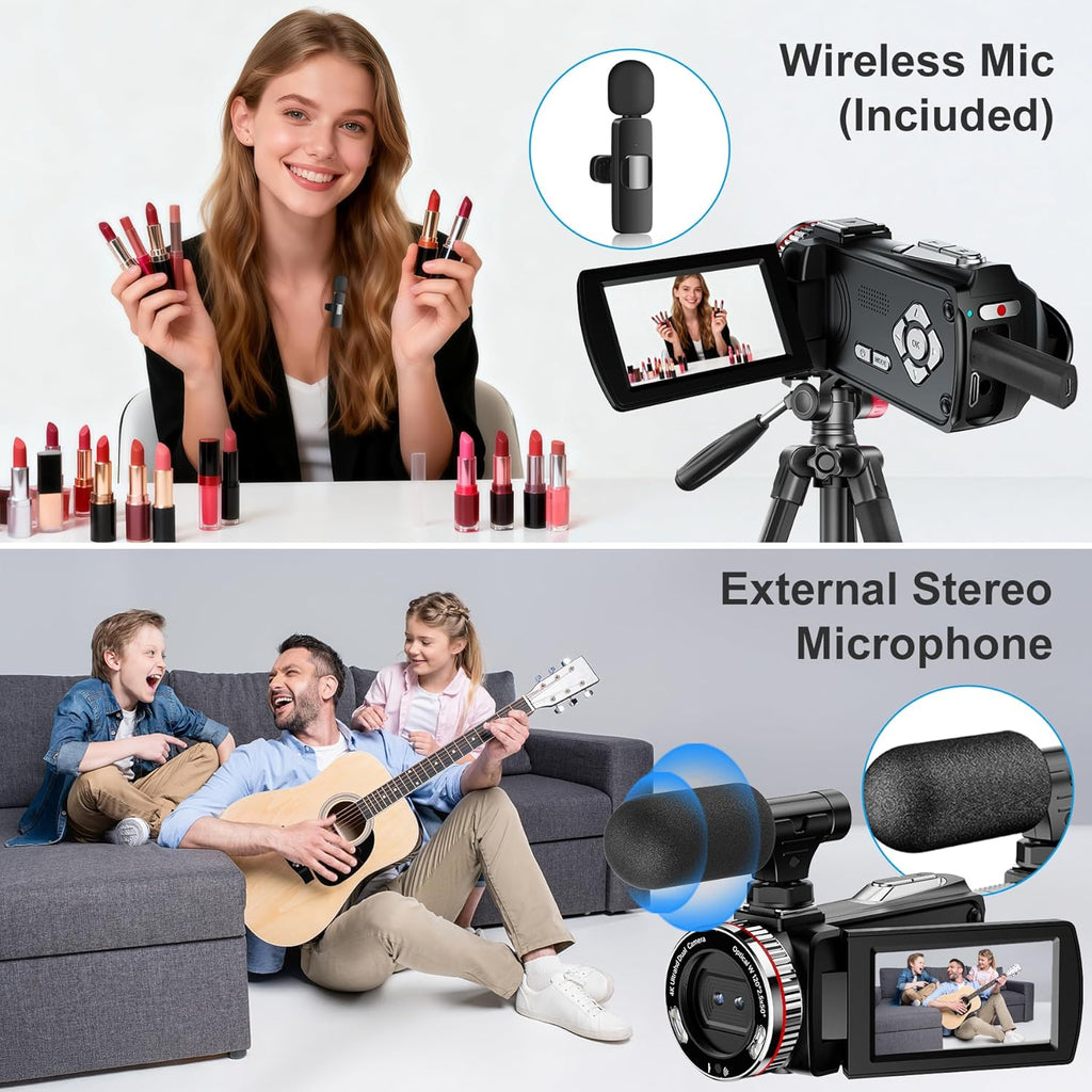 4K Wedding Camcorder, 64MP UHD Vlogging Camera with Wireless Lavalier Microphone, 120Â° Wide Angle 18X Digital Zoom, Remote, 64GB Card & 2 Batteries, for Family Wedding Memories