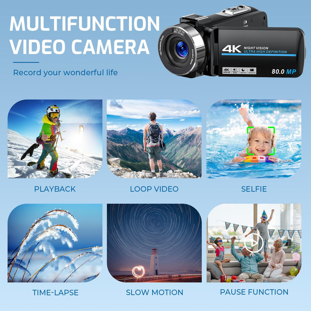 4K 80MP Camcorder Video Camera 18X Zoom Vlogging Camera for YouTube Webcam