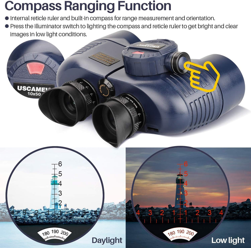 Marine Binoculars 10x50 Waterproof with Compass Rangefinder BAK4 for Adults