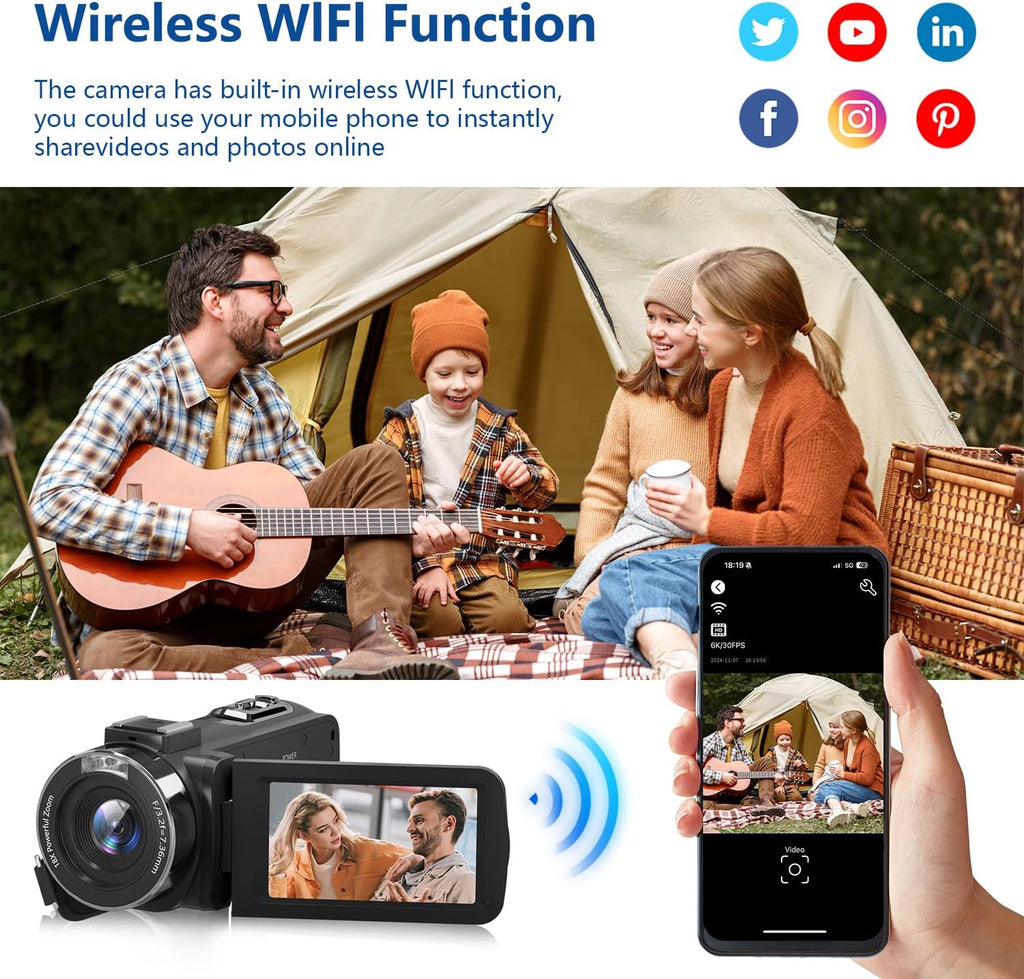 Video Camera 6K 64MP UHD WiFi Vlogging Cameras for YouTube with 32GB Card