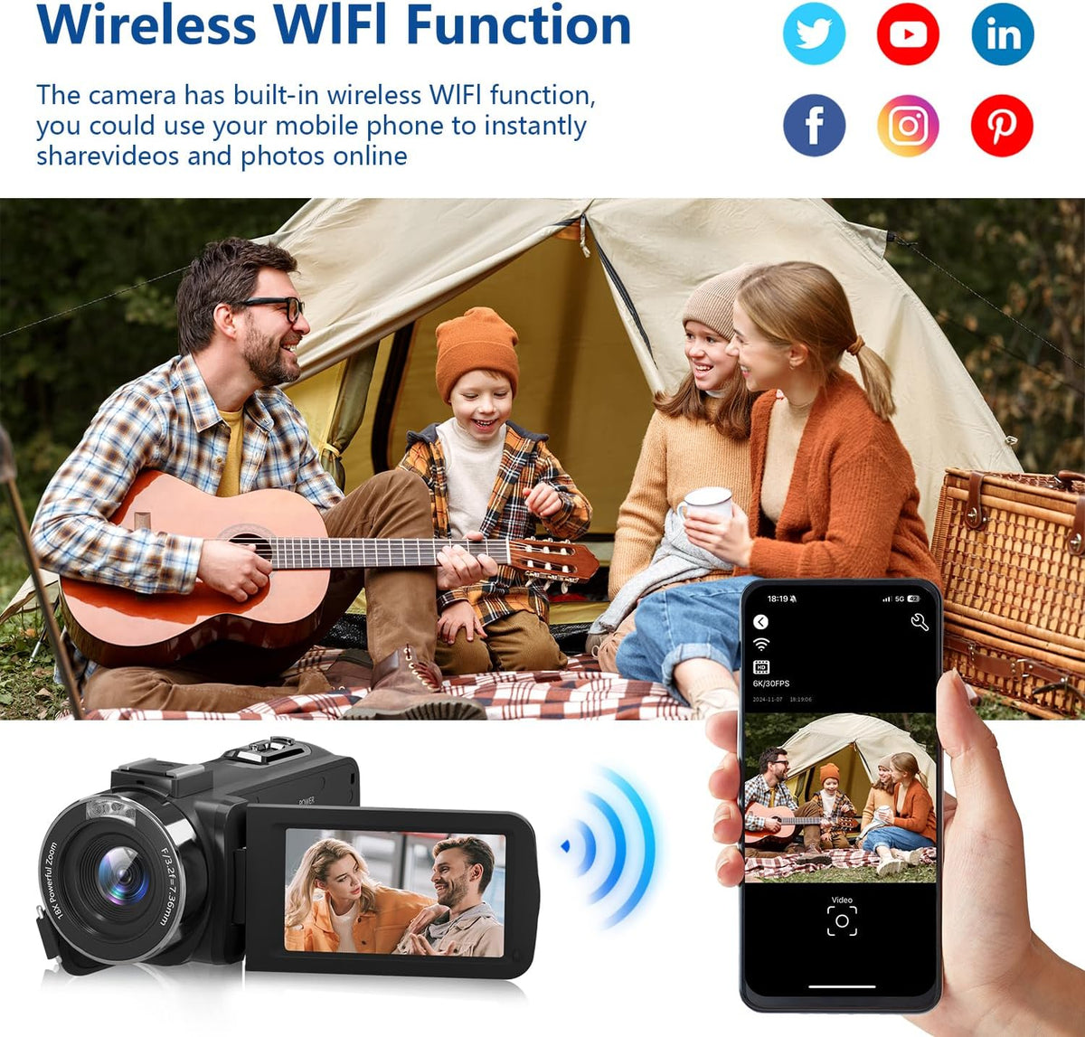 Video Camera 6K 64MP UHD WiFi Vlogging Cameras for YouTube with 32GB Card