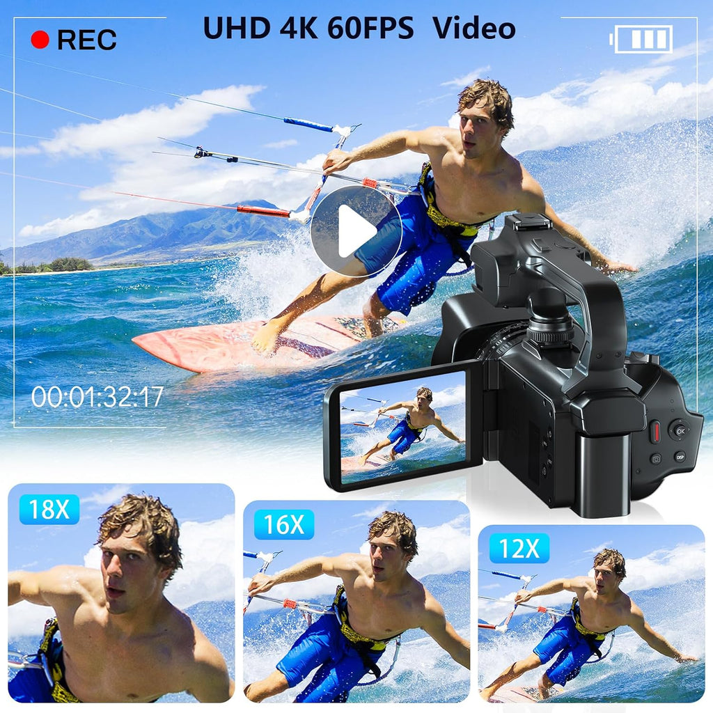 4K Camcorders Video Camera, 64MP Vlogging Camera for YouTube with WiFi