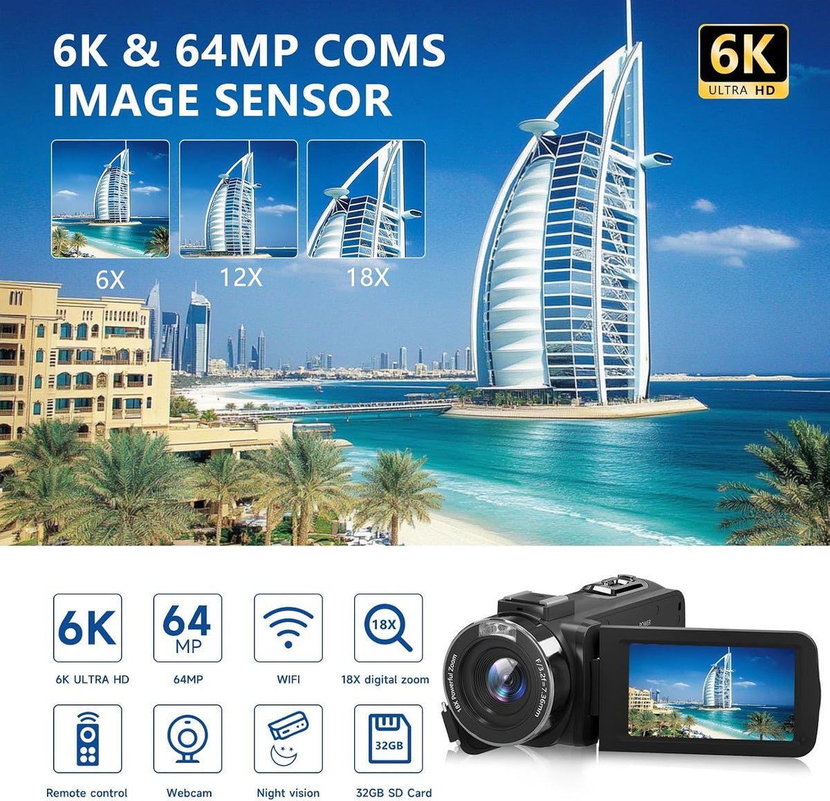 Video Camera 6K 64MP UHD WiFi Vlogging Cameras for YouTube with 32GB Card