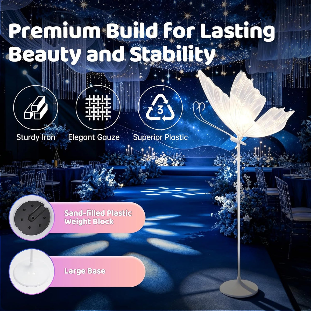 2Pcs Wedding Butterfly Led Floor Lamp 30-35W Adjustable Height 57.5-70.1In