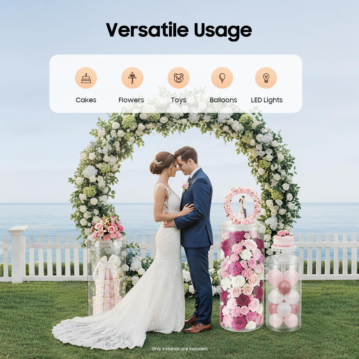 3Pcs Cylinder Pedestal Stand, PVC Acrylic Round Cylinder Stands for Party Decor 23.6 + 29.5 + 35.4 Inch Tall Cylinder Stand Pedestal Display for Birthday Wedding Party, White