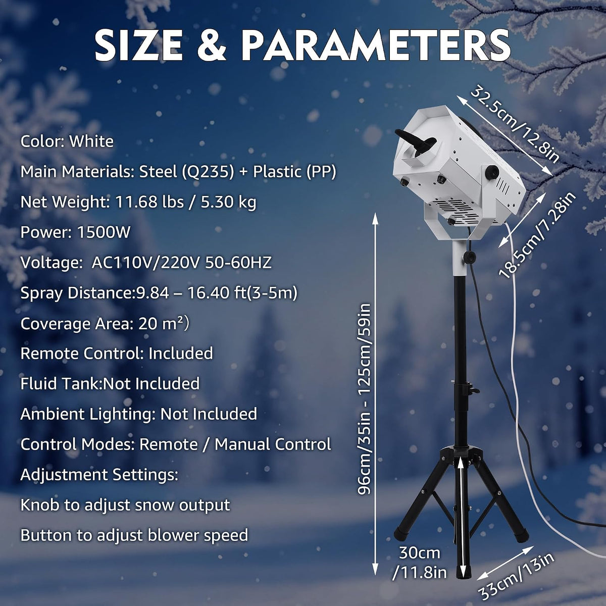 Snow Machine, 1500W Artificial Snow Making with Wireless Remote, Adjustable Snowflake Size & 59â69" Stand, Snow Generator Fake Snow Maker for Christmas, Parties, Weddings & Holiday Events