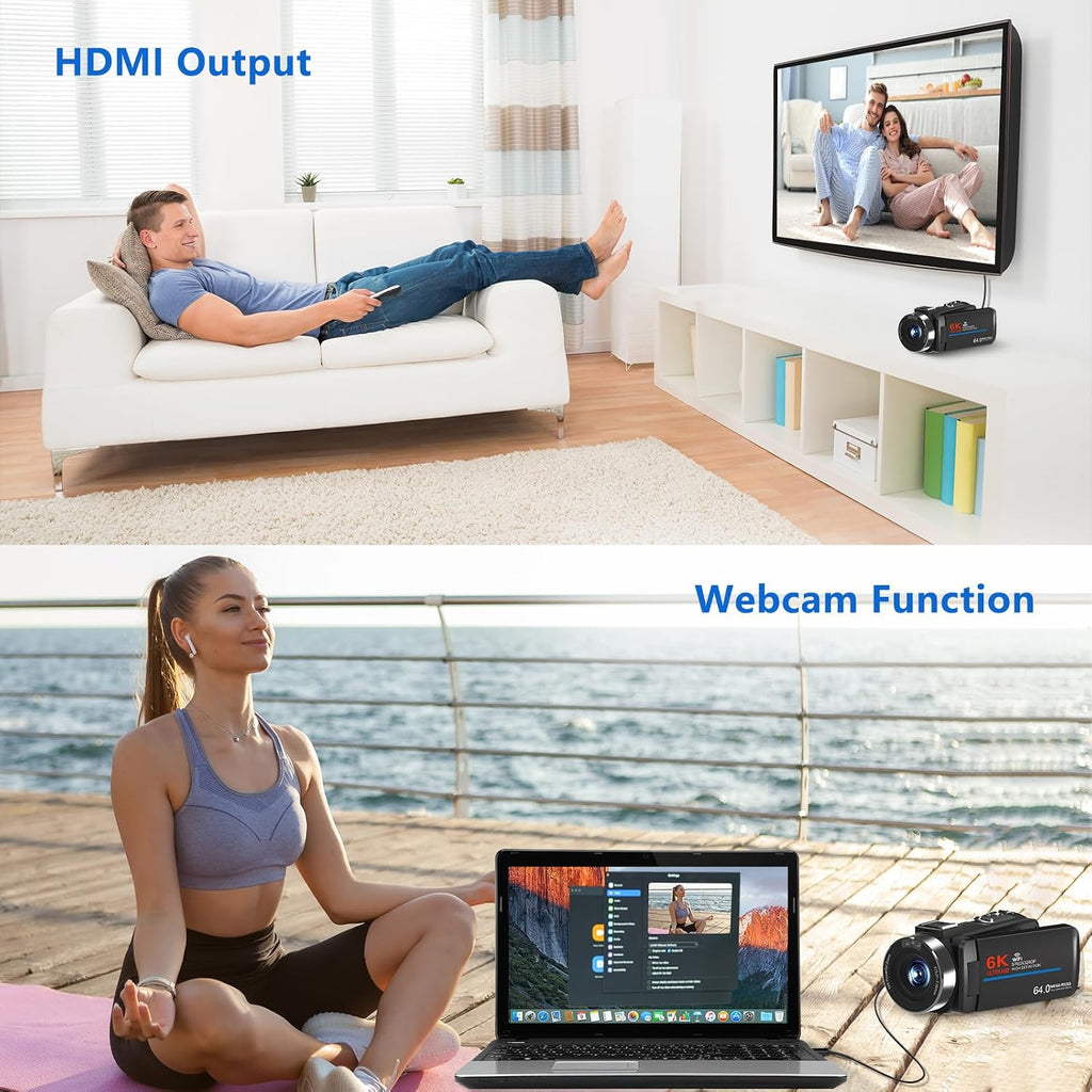 Video Camera 6K 64MP UHD WiFi Vlogging Cameras for YouTube with 32GB Card