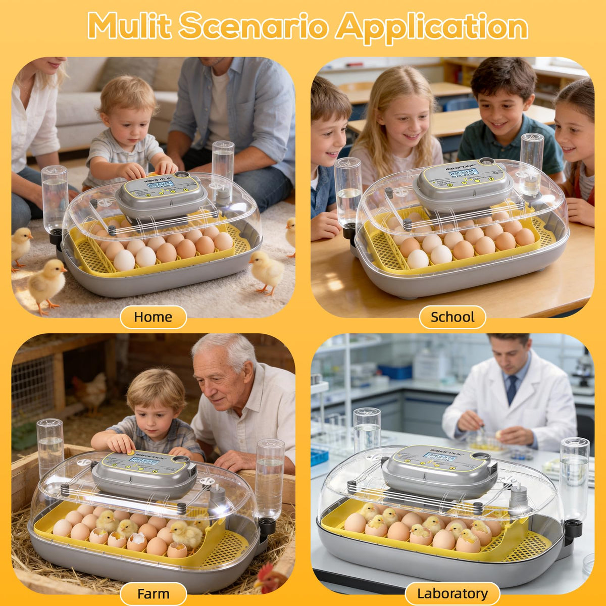 IBKINXX Incubator for Hatching Eggs-48 Egg Capacity, 2026 Newly Upraded Auto Egg Turner & Auto Precision Humidity Control System, 360Â° Clear Viewing for Chicken, Duck and Quail Eggs (Yellow)