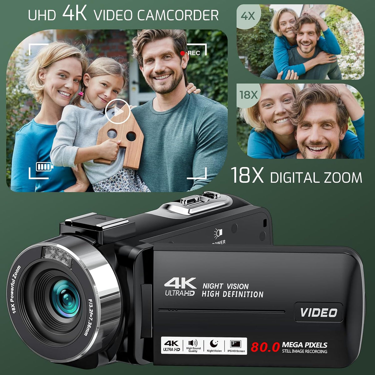 4K 80MP Camcorder Video Camera 18X Zoom Vlogging Camera for YouTube Webcam