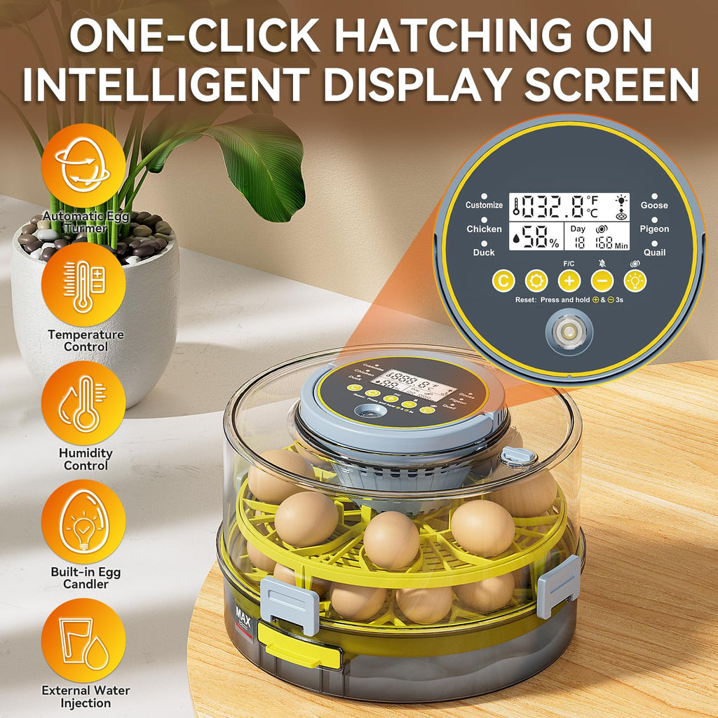 IBKINXX Incubator for Hatching Eggs-48 Egg Capacity, 2026 Newly Upraded Auto Egg Turner & Auto Precision Humidity Control System, 360Â° Clear Viewing for Chicken, Duck and Quail Eggs (Yellow)