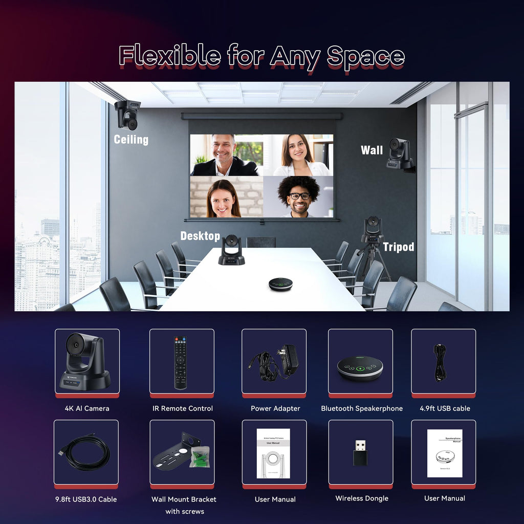 TONGVEO 3X Optical Zoom PTZ Camera AI Auto-Tracking HDMI USB 3.0 1080P 60fps Wide-Angle for Video Conference Business Meeting Live Streaming Online Learn with Zoom YouTube Teams OBS and More