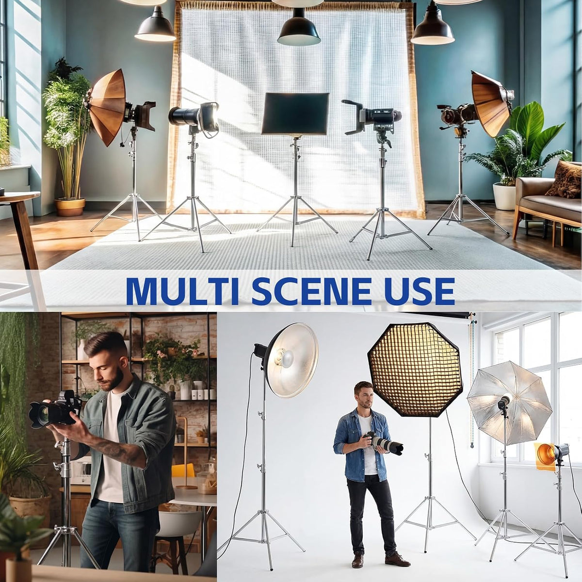 Tellegloww 4 Pack 9.2 FT Stainless Steel Light Stand Photography with 1/4â to 3/8â Screw Adapter Heavy Duty Photography Tripod Lights Stand for Strobe LED Video Lights Ring Light Monolight Softbox